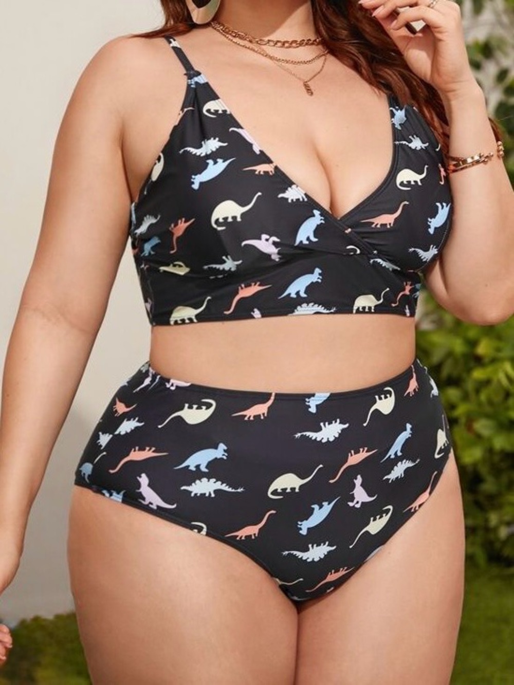 SHEIN Curve Dinosaur Bikini Set Sz 0XL Black High Waisted 2 Piece Swimsuit EUC